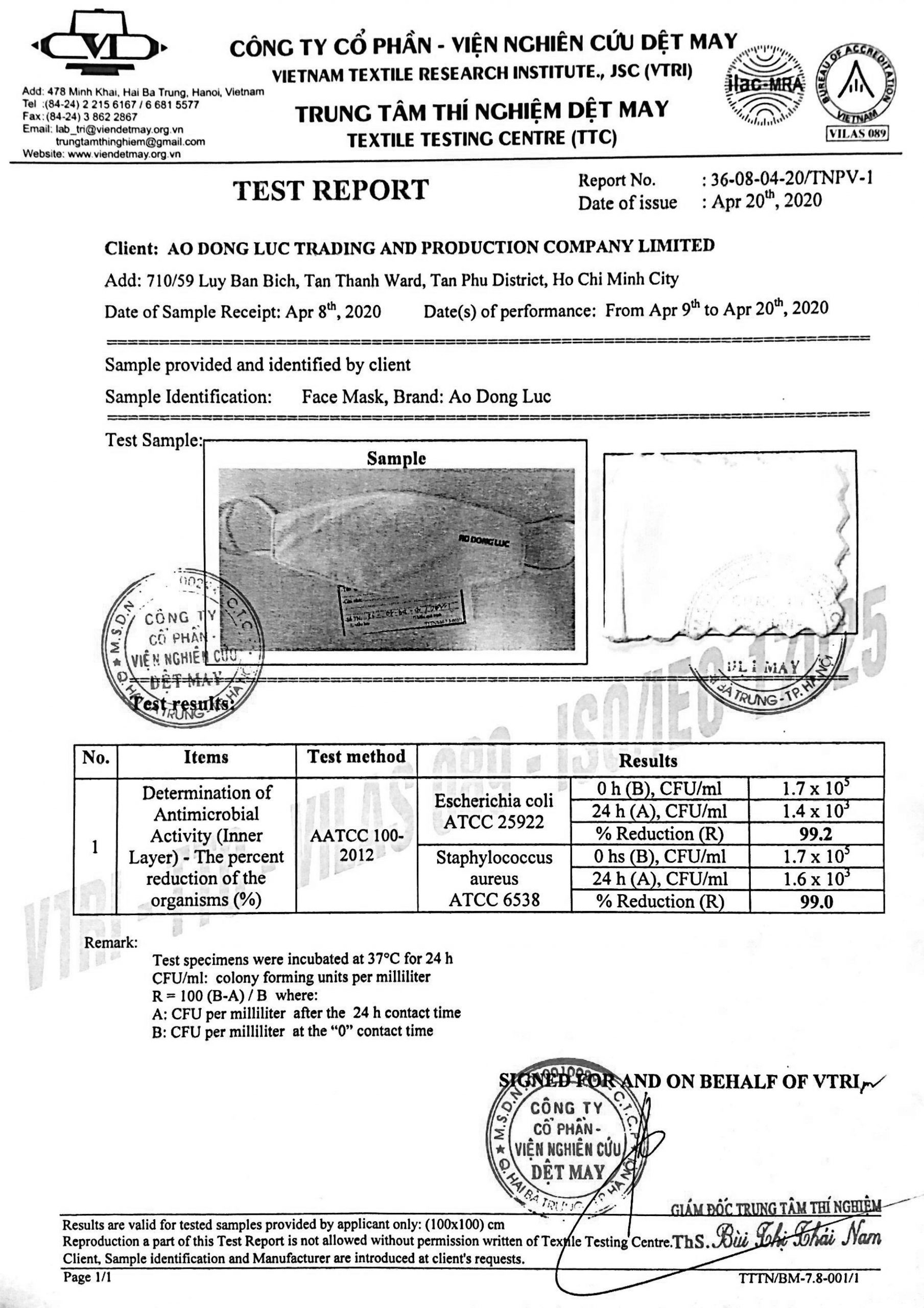 Bản test khả năng kháng khuẩn của khẩu trang Áo Động Lực do Viện Dệt May cấp