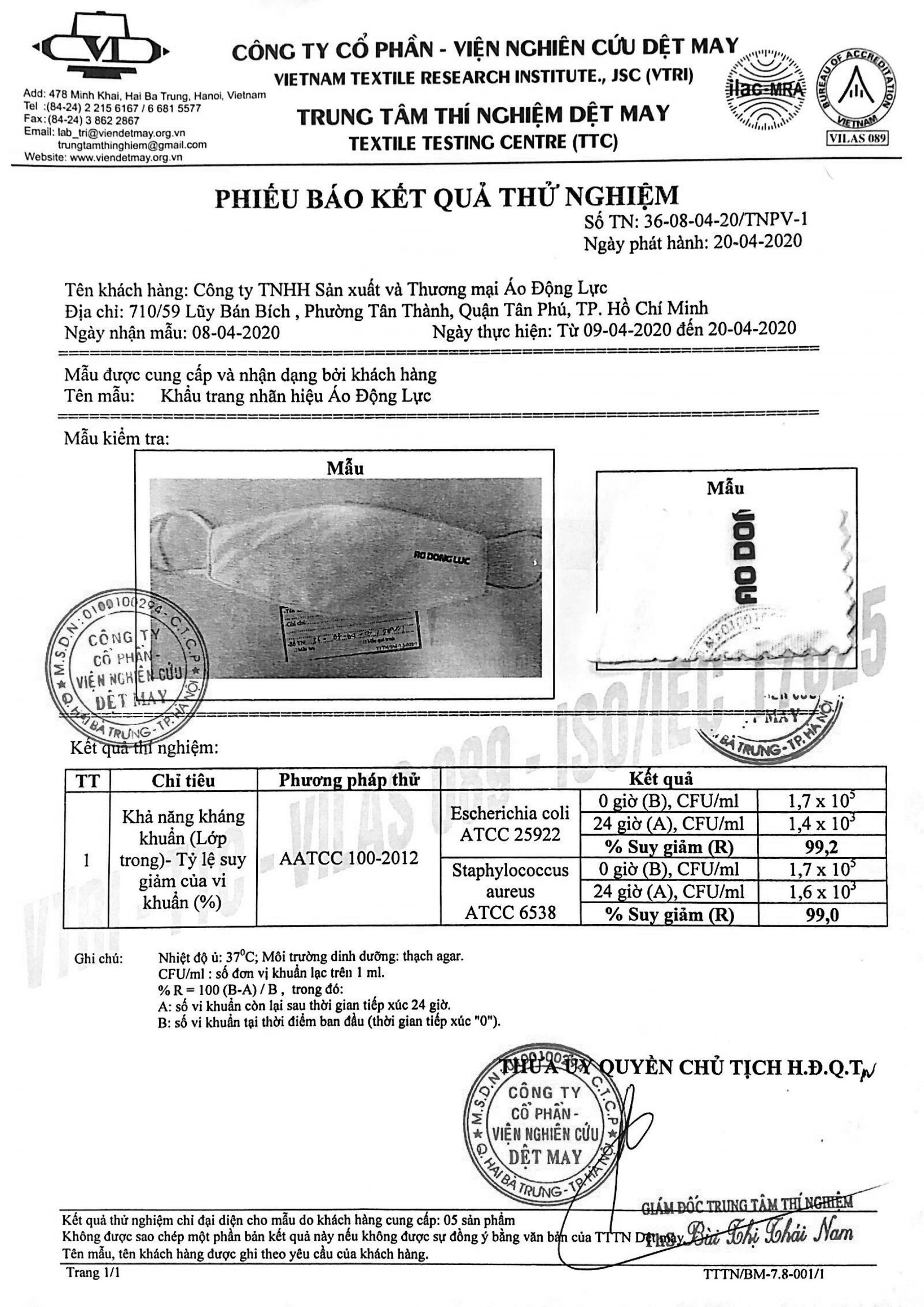 Bản test khả năng kháng khuẩn của khẩu trang Áo Động Lực do Viện Dệt May cấp