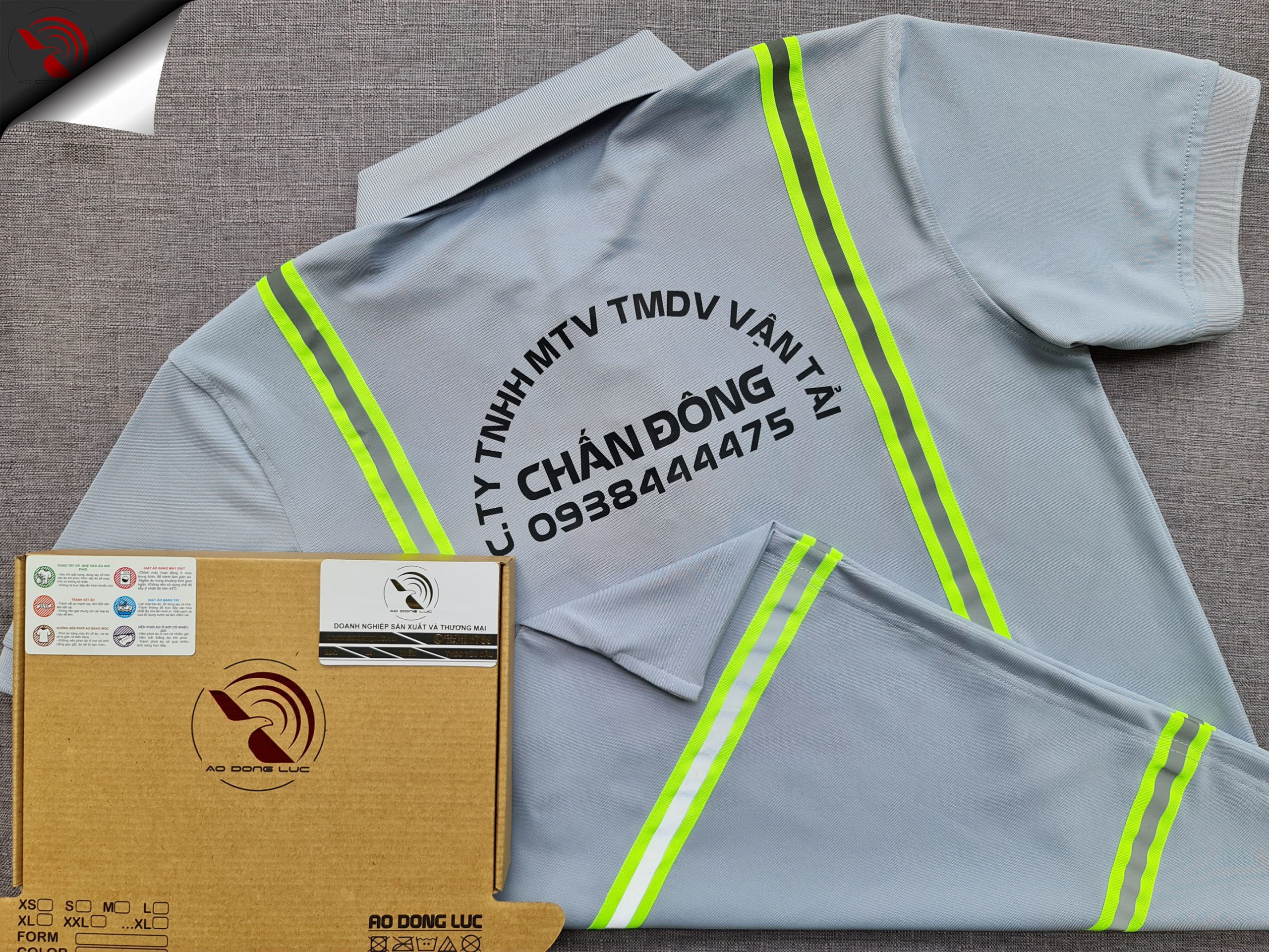 Đồng phục áo thun polo màu xám lam may phối dây quảng quang in kỹ thuật số