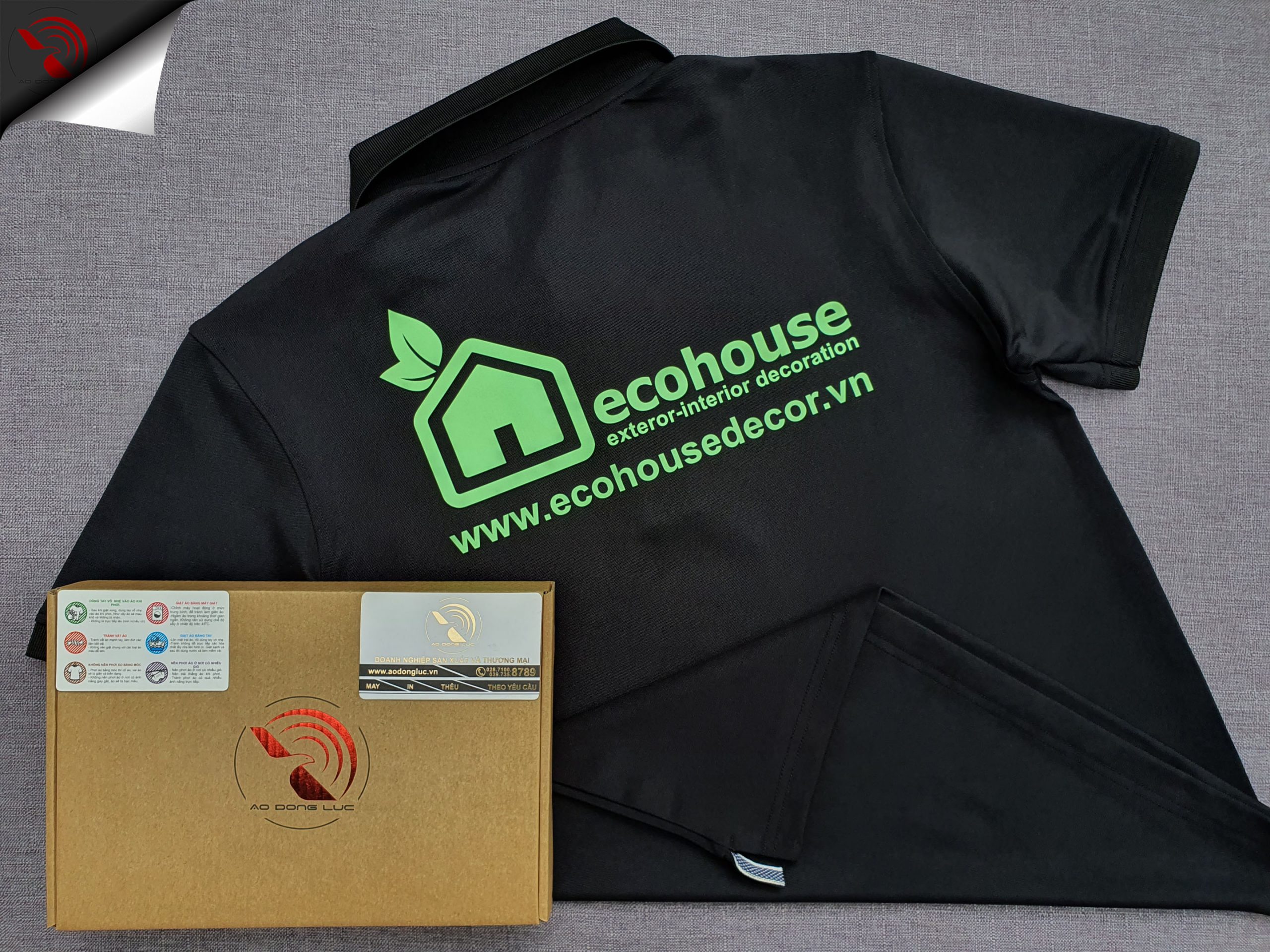 Đồng phục áo thun polo bo trơn màu đen in dạ quang