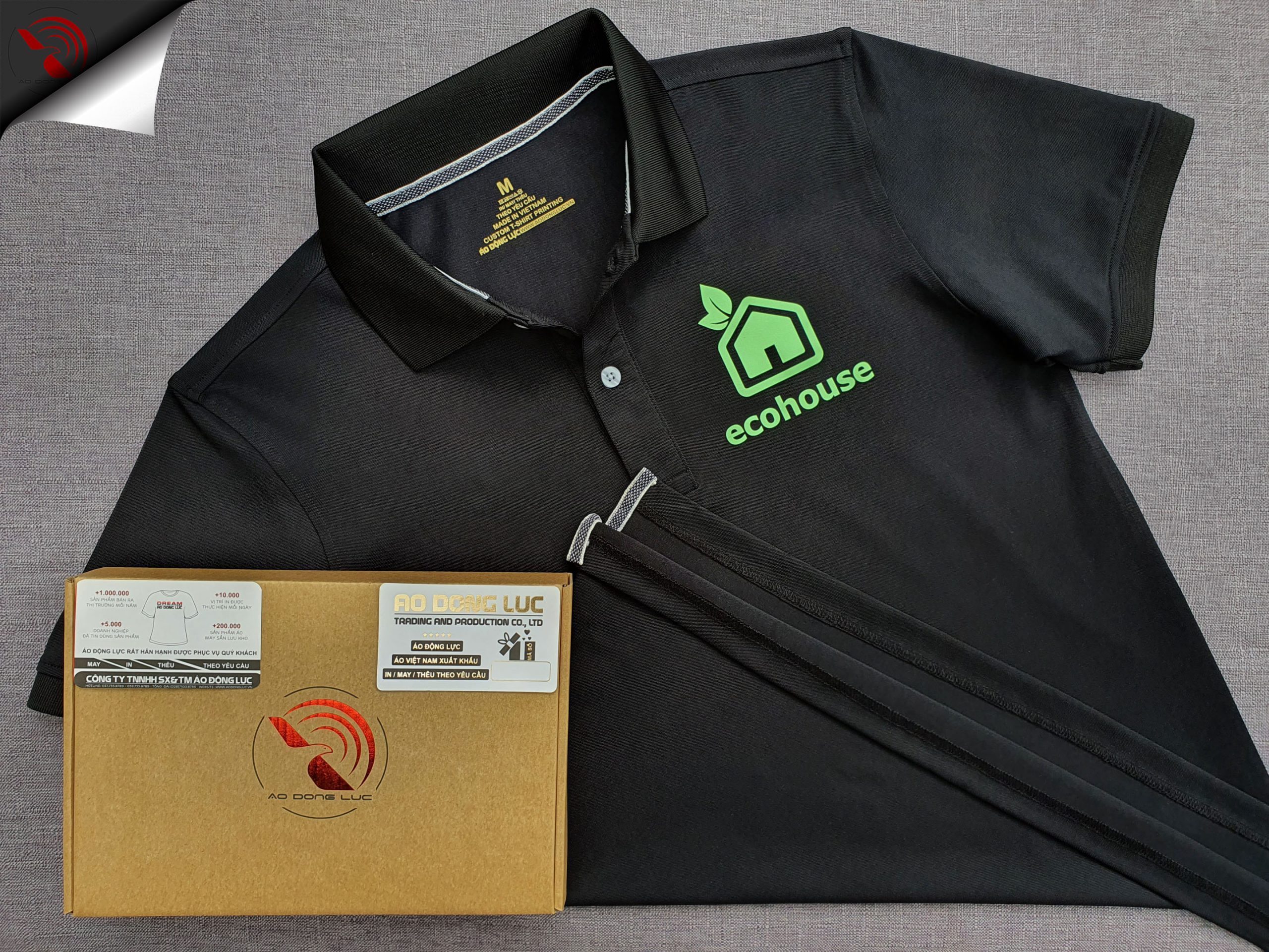 Đồng phục áo thun polo bo trơn màu đen in dạ quang logo