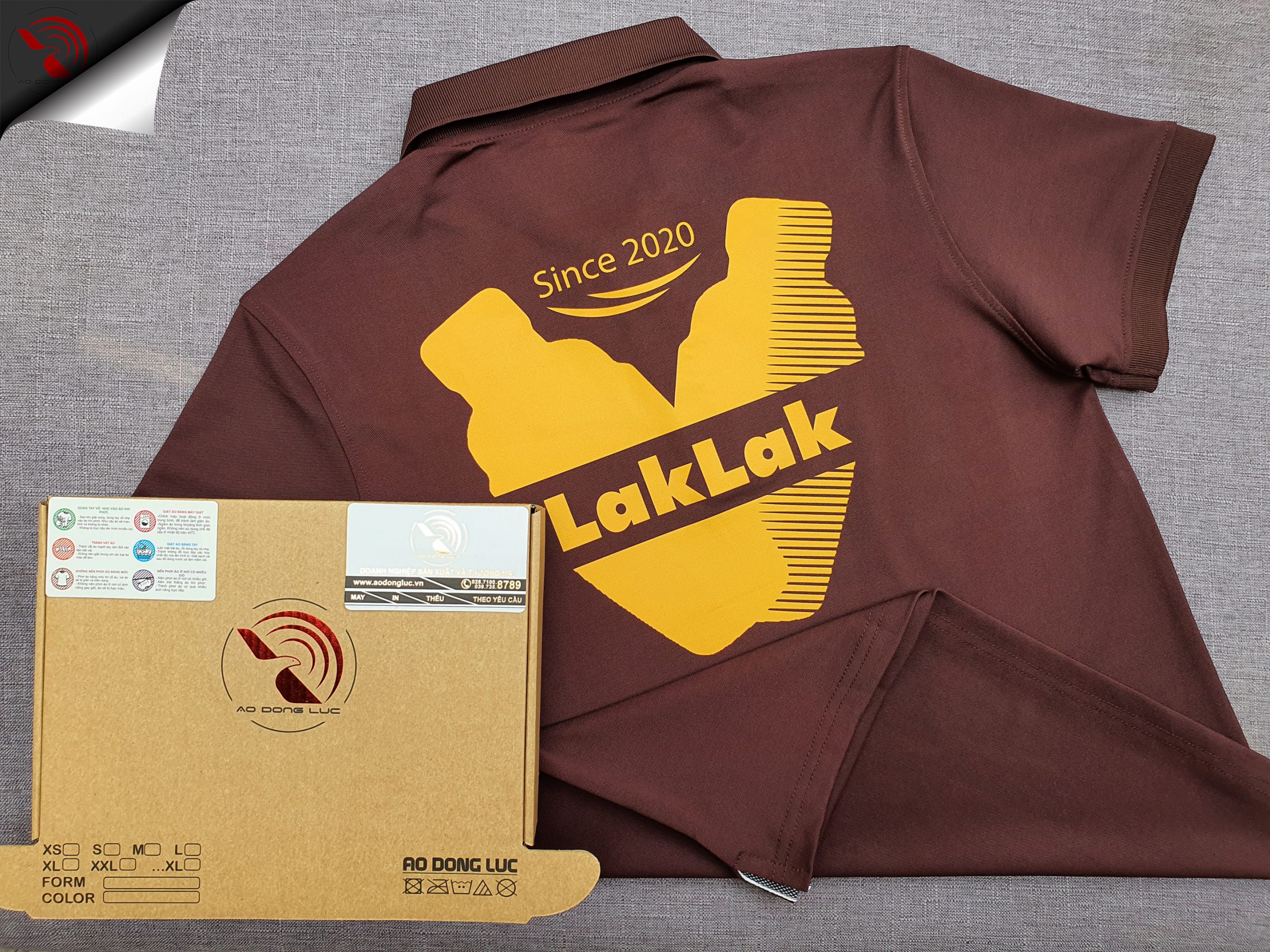 Đồng phục áo thun polo bo trơn màu nâu in kỹ thuật số