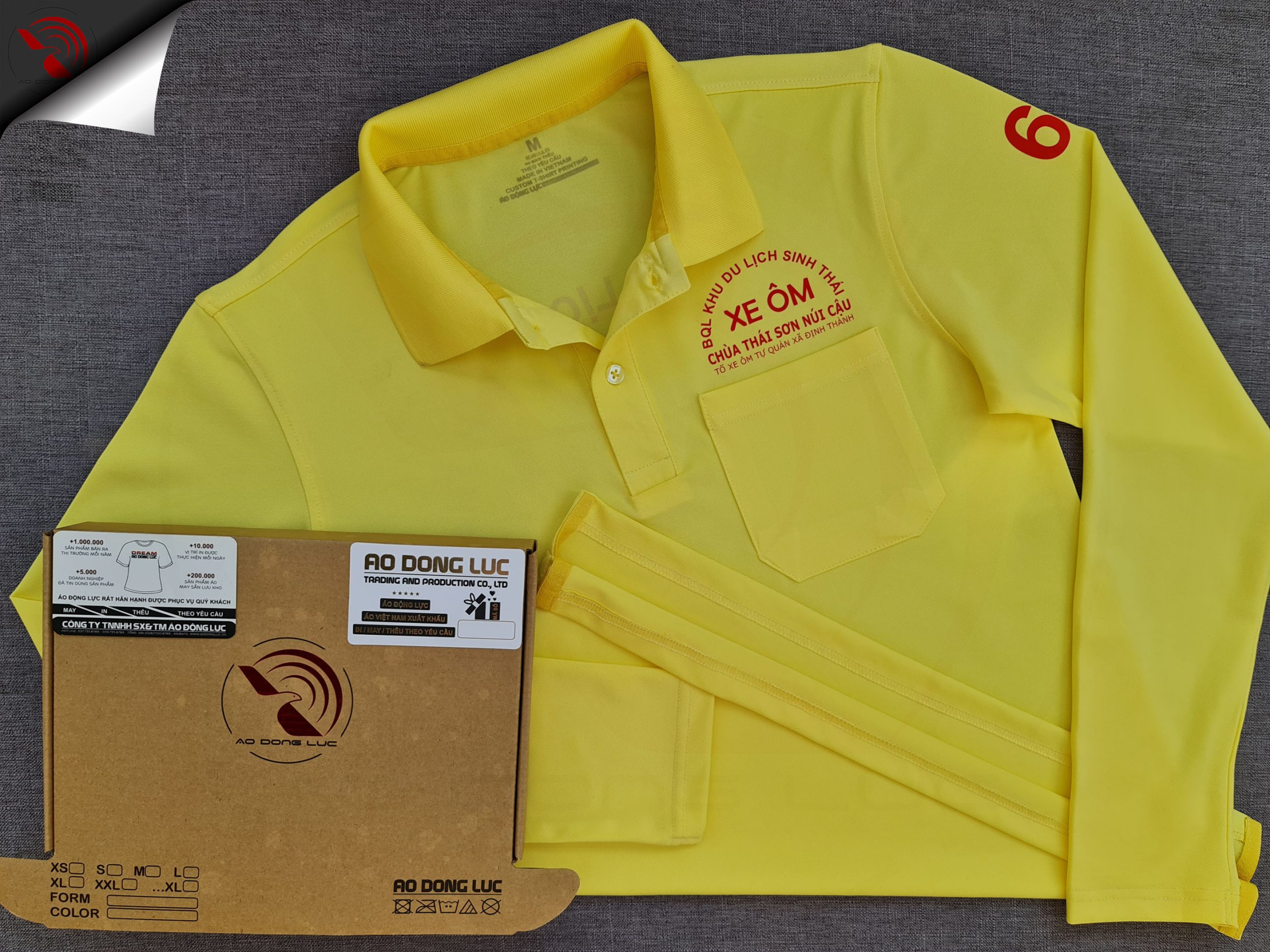 Đồng phục áo thun polo bo trơn màu vàng dài tay in kỹ thuật số