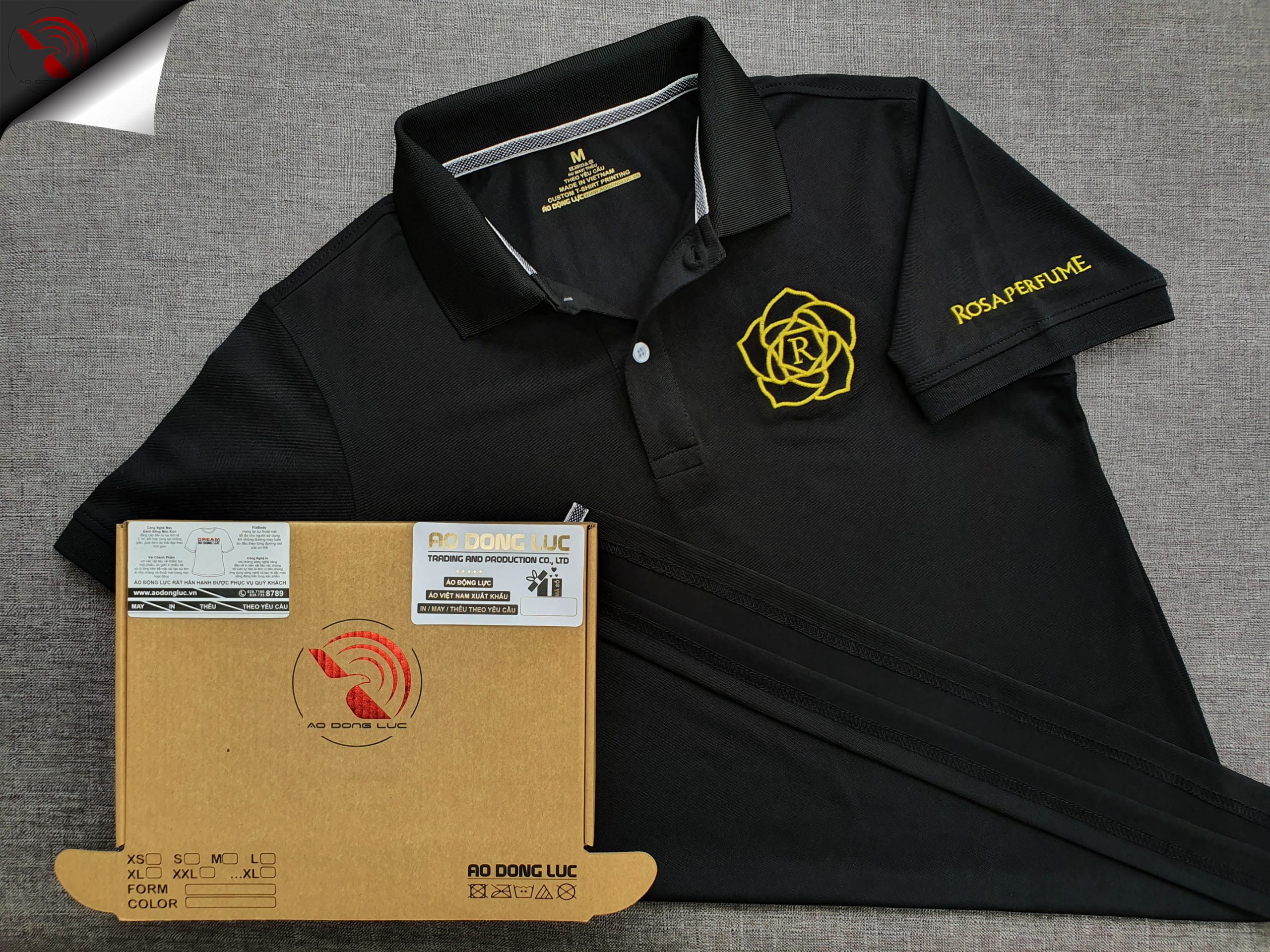 Đồng phục áo thun polo bo trơn màu đen thêu logo