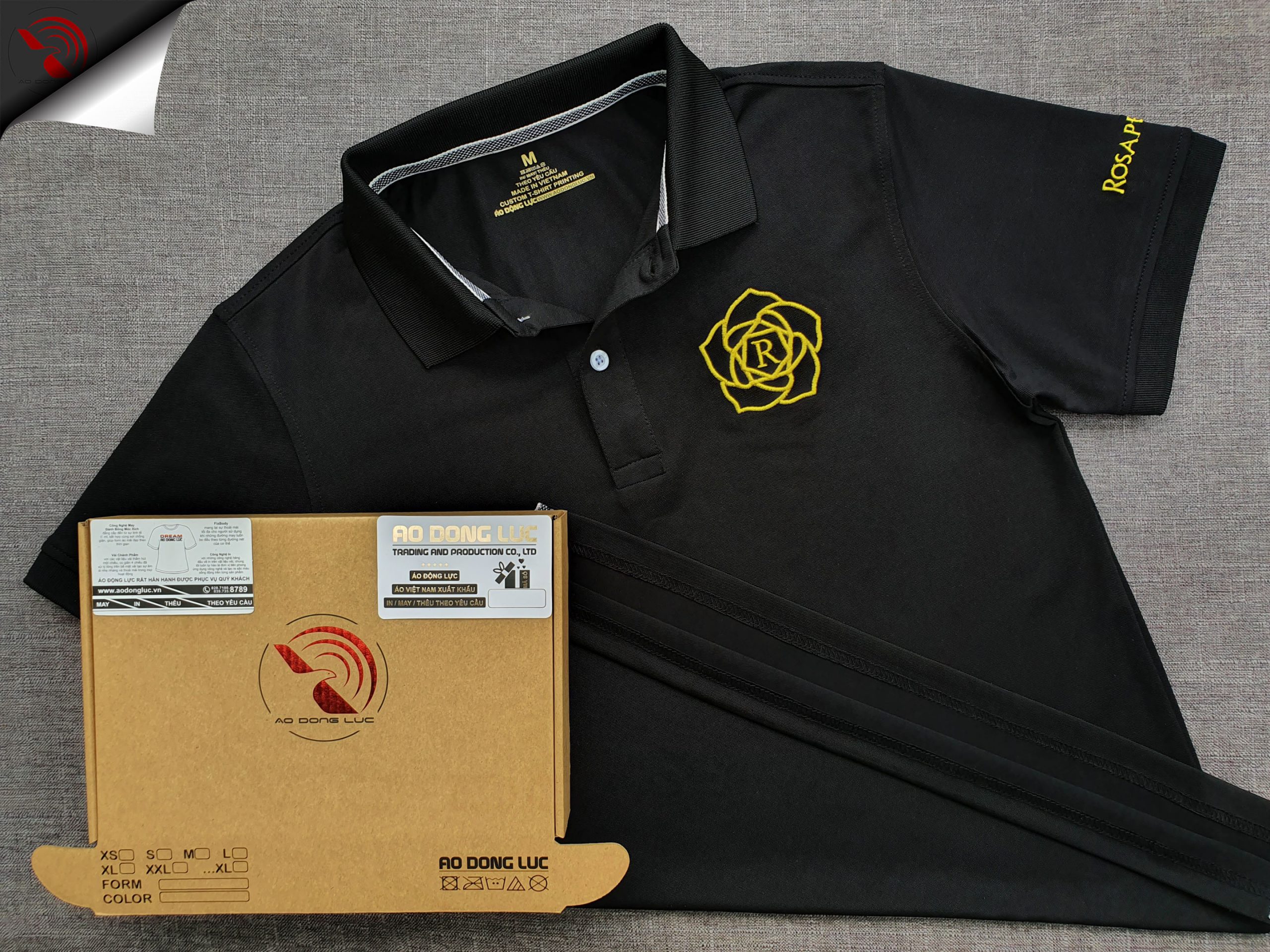 Đồng phục áo thun polo bo trơn màu đen thêu logo