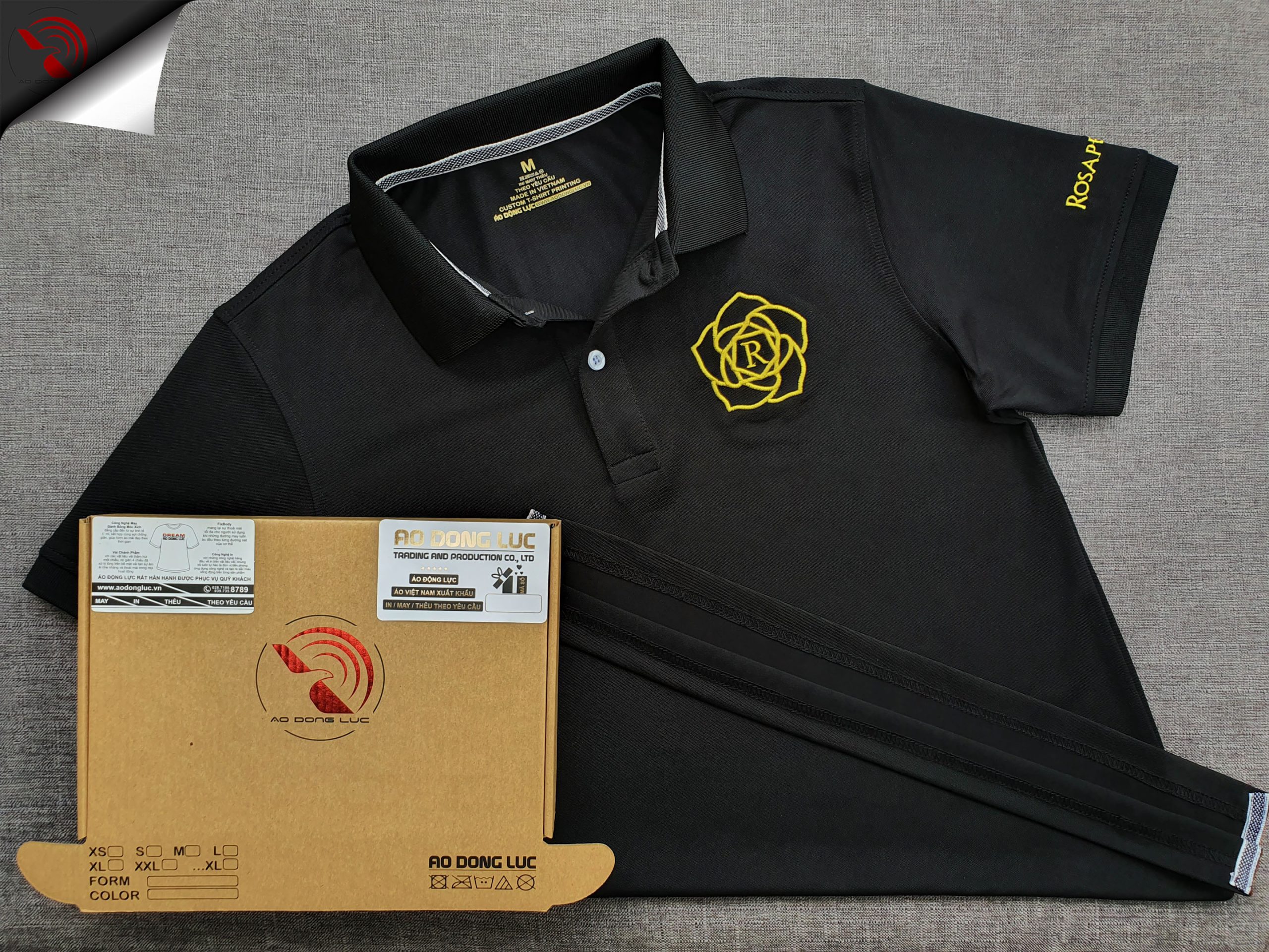 Đồng phục áo thun polo bo trơn màu đen thêu logo