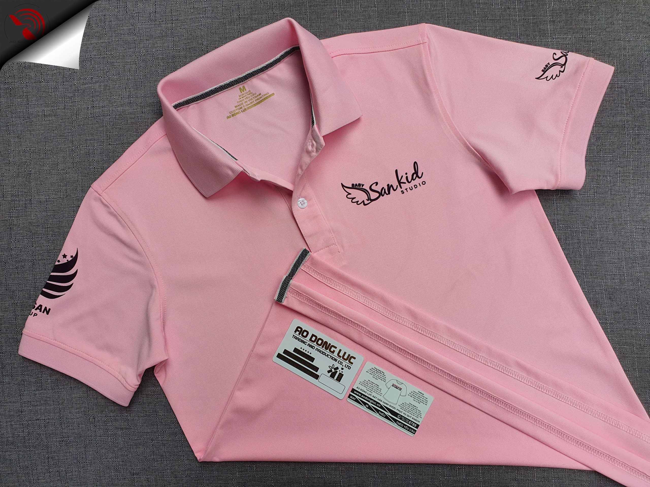 Đồng phục áo thun polo bo trơn màu hồng phấn in chuyển nhiệt