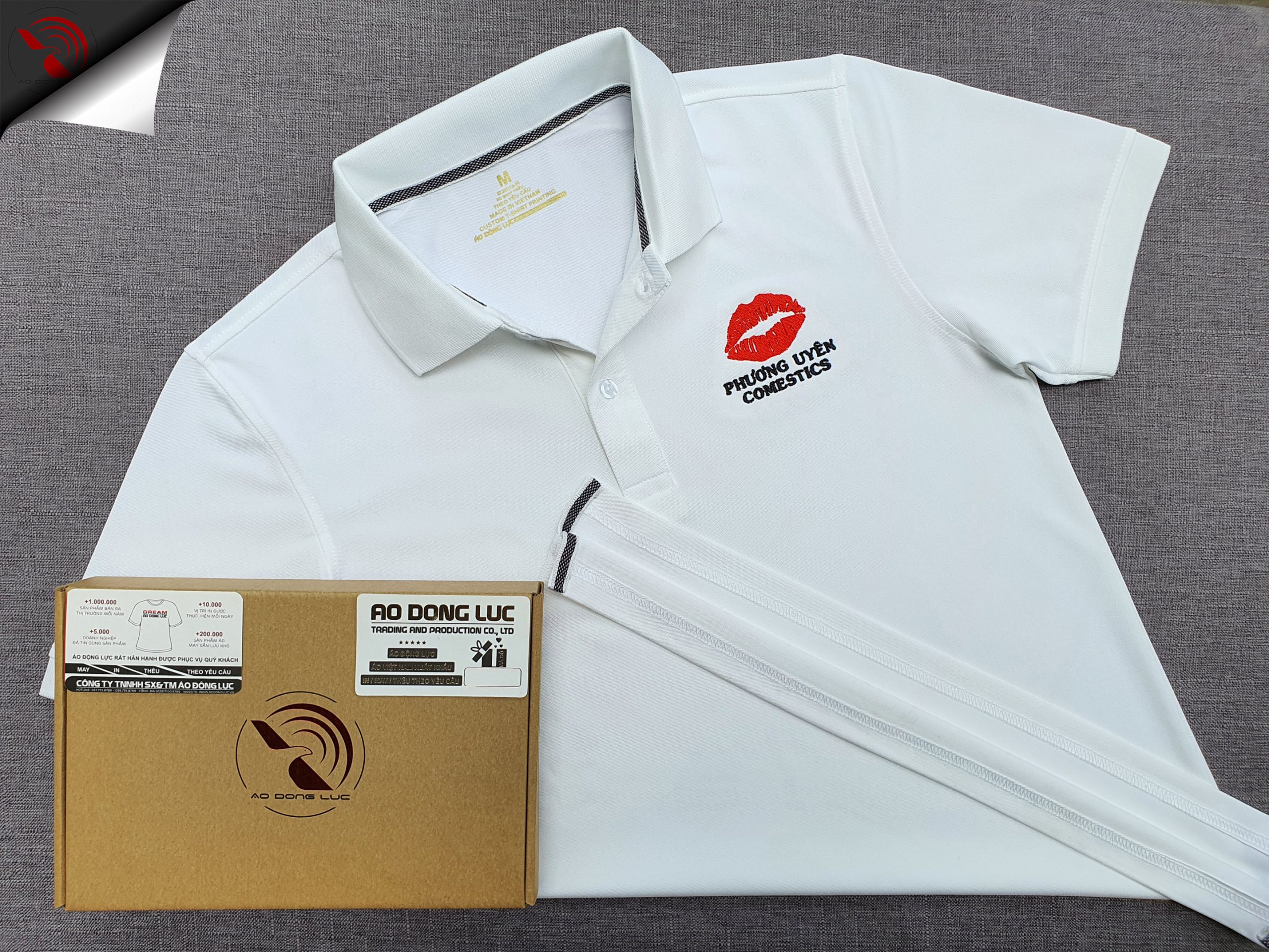 www.aodongluc.vn; đồng phục áo thun; Phương Uyen cosmestics Đồng phục áo thun polo bo trơn màu trắng thêu logo