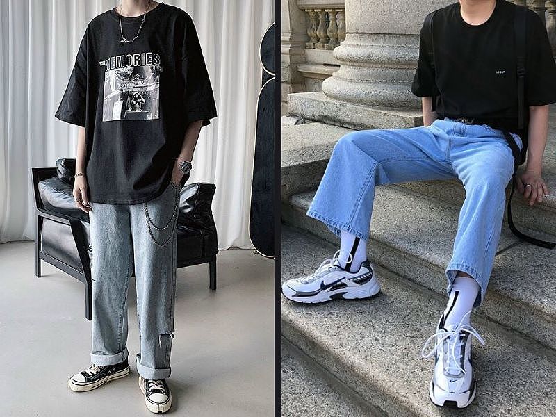 Áo phông rộng phối quần jeans ống suông