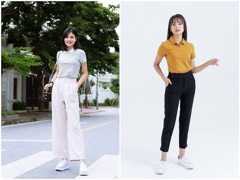 Áo polo xanh navy kết hợp với chân váy bút chì