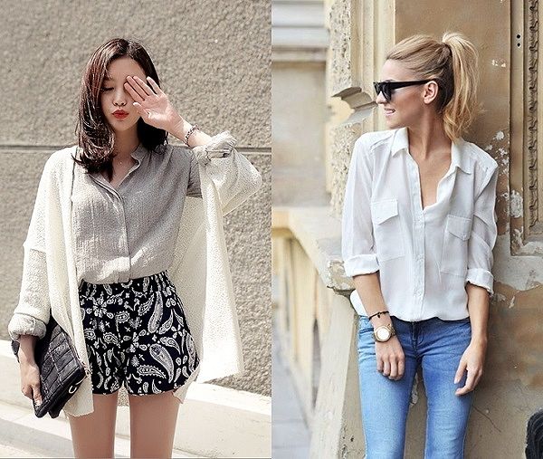 Áo thun sơ vin nửa trong nửa ngoài với quần jeans