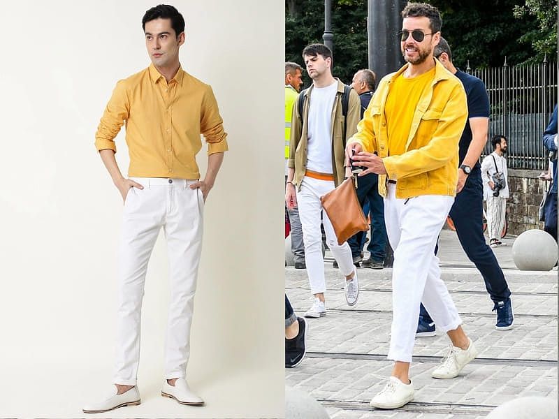 Áo vàng phối với quần màu trắng nam
