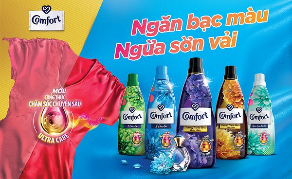 Hình ảnh quảng cáo nước xả vải Comfort với năm chai sản phẩm khác nhau và một chiếc áo màu hồng.