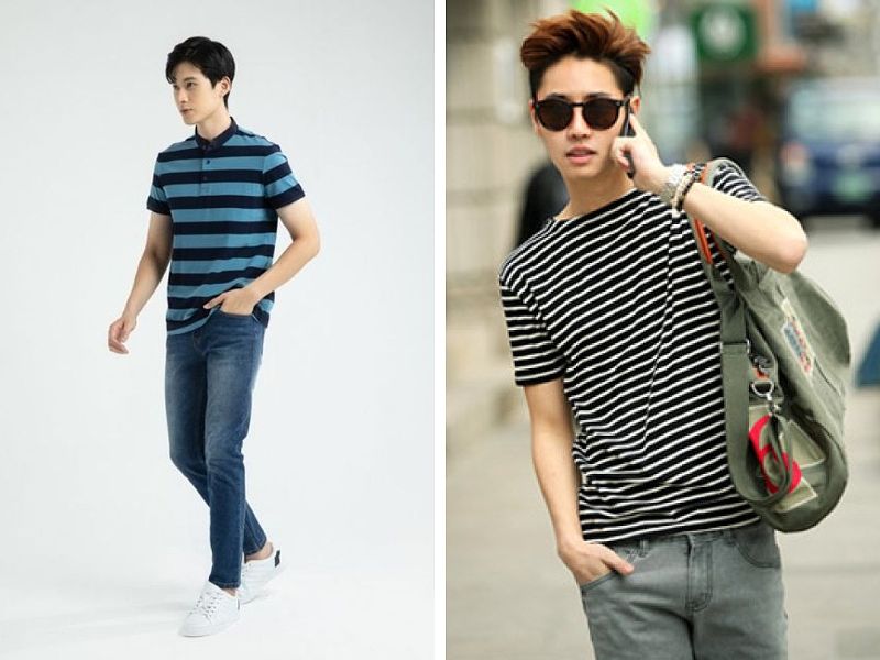 Mix áo thun sọc ngang cùng với quần jean