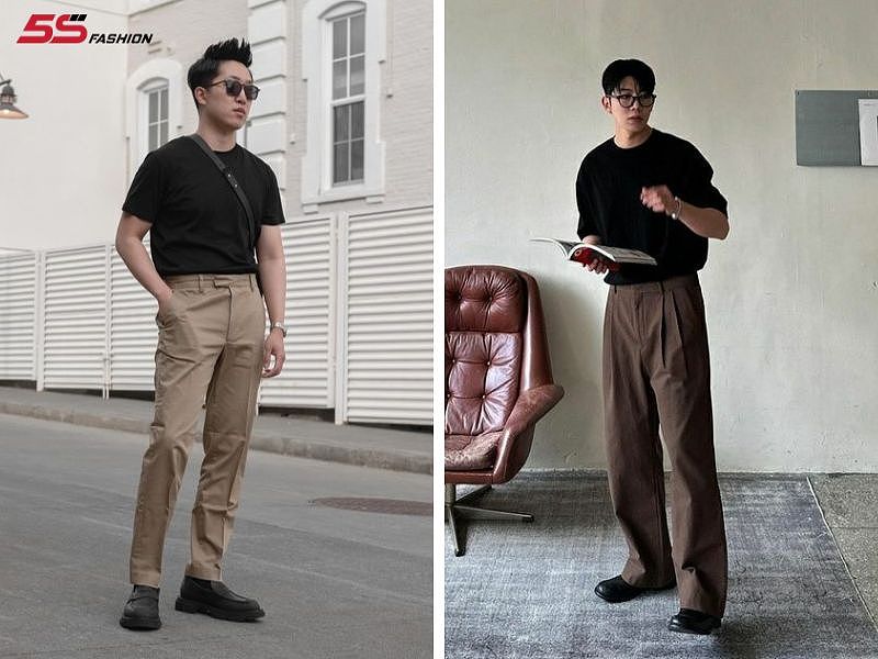Phối đồ áo thun đen cùng quần kaki