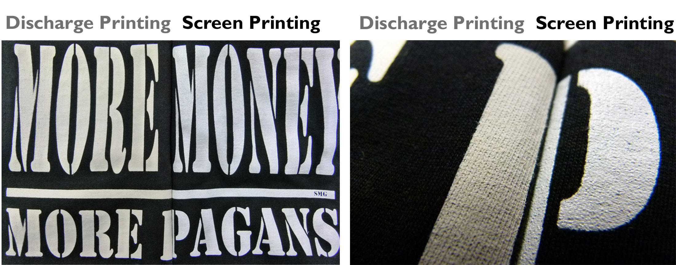 Discharge screen printing vs. traditional screen printing